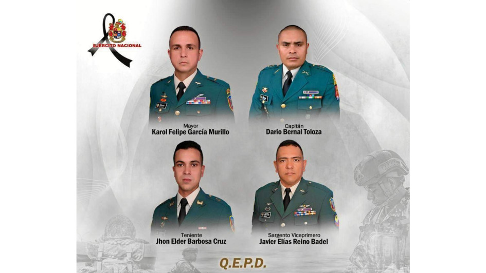 Los militares que perdieron la vida fueron Karol Felipe García Murillo, Darío Bernal Toloza, Jhon Elder Barbosa Cruz y Javier Elías Reino. Los militares que perdieron la vida fueron Karol Felipe García Murillo, Darío Bernal Toloza, Jhon Elder Barbosa Cruz y Javier Elías Reino.