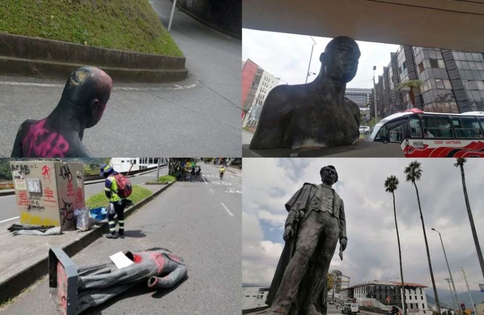 El antes y el después de las esculturas de Francisco de Paula Santander (abajo) y de Gilberto Alzate Avendaño. El costo de la intervención a la estatua del segundo fue asumido por la Fundación Sócrates. Sigue sin una placa que lo identifique. El antes y el después de las esculturas de Francisco de Paula Santander (abajo) y de Gilberto Alzate Avendaño. El costo de la intervención a la estatua del segundo fue asumido por la Fundación Sócrates. Sigue sin una placa que lo identifique.