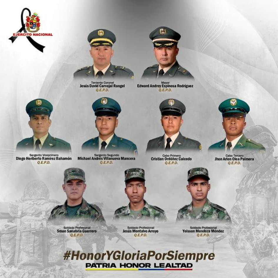 Las víctimas del siniestro aéreo fueron identificadas como el coronel Jesús David Carvajal; el mayor Edward Andrey Espinosa; los sargentos Diego Ramírez y Michael Villanueva; los cabos Cristian Ordóñez y Jhon Olea y los soldados Sman Sanabria, Jesús Montalvo y Yeisson Mendoza. Las víctimas del siniestro aéreo fueron identificadas como el coronel Jesús David Carvajal; el mayor Edward Andrey Espinosa; los sargentos Diego Ramírez y Michael Villanueva; los cabos Cristian Ordóñez y Jhon Olea y los soldados Sman Sanabria, Jesús Montalvo y Yeisson Mendoza.