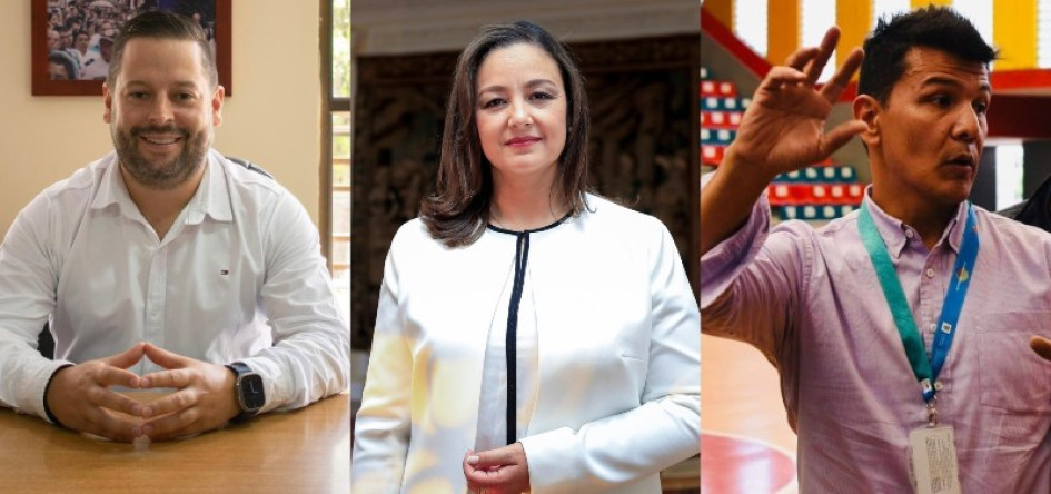 Andrés Duque, secretario del Deporte de Caldas; Luz Cristina López, ministra del Deporte, y Diego Fernando Espinosa, secretario del Deporte de Manizales. Juegos Nacionales de la Juventud