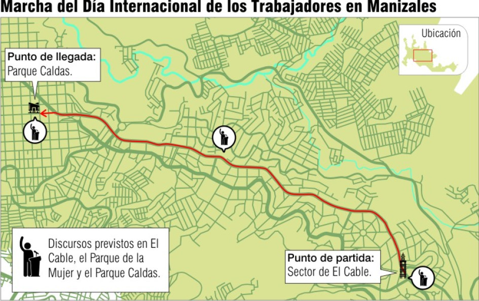 Ruta de la marcha del Día Internacional de los Trabajadores en Manizales. Ruta de la marcha del Día Internacional de los Trabajadores en Manizales.