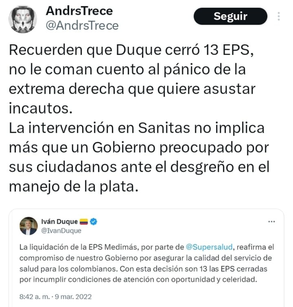 Twitter, Duque y las EPS Foto|Tomada de Twitter|LA PATRIA Twitter, Duque y las EPS Foto|Tomada de Twitter|LA PATRIA