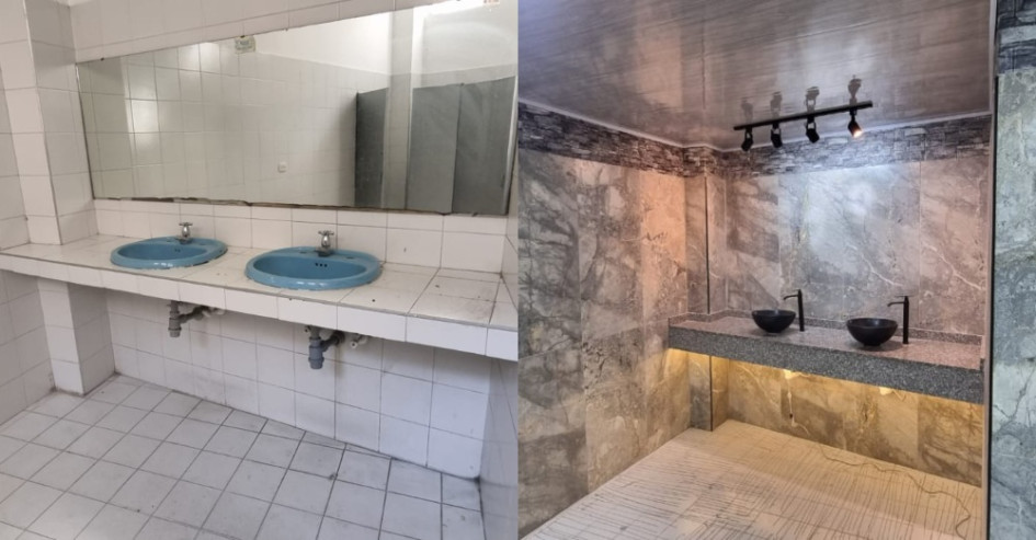 A la izquierda, como lucían las baterías sanitarias del Teatro 19 de Octubre de Villamaría. A la derecha, el aspecto luego de la remodelación las unidades. A la izquierda, como lucían las baterías sanitarias del Teatro 19 de Octubre de Villamaría. A la derecha, el aspecto luego de la remodelación las unidades.