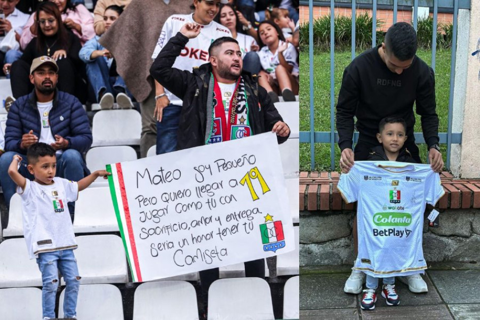 Santiago García Salazar y su papá, Juan Camilo, el domingo en el estadio Palogrande con su cartel pidiéndole a Mateo García su camiseta, sueño que le cumplió el jugador el miércoles. Santiago García Salazar y su papá, Juan Camilo, el domingo en el estadio Palogrande con su cartel pidiéndole a Mateo García su camiseta, sueño que le cumplió el jugador el miércoles.