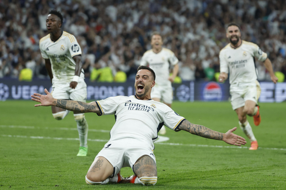 El delantero del Real Madrid Joselu celebra el segundo gol del equipo madridista durante el encuentro correspondiente a la vuelta de las semifinales de la Liga de Campeones que disputaron este miércoles ante el Bayern Múnich en el estadio Santiago Bernabéu, en Madrid. El delantero del Real Madrid Joselu celebra el segundo gol del equipo madridista durante el encuentro correspondiente a la vuelta de las semifinales de la Liga de Campeones que disputaron este miércoles ante el Bayern Múnich en el estadio Santiago Bernabéu, en Madrid.