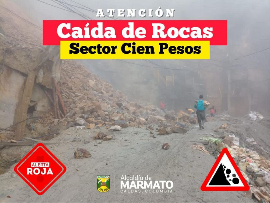 Sector de Cien Pesos de Marmato Restricción en el sector de Cien Pesos de Marmato por caída de rocas.