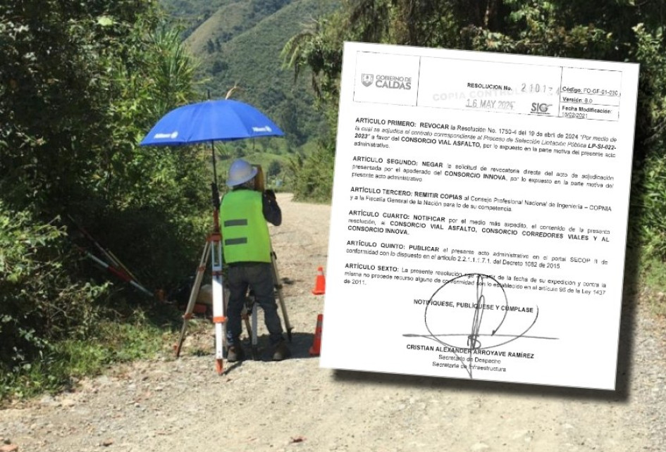 La Secretaría de Infraestructura de Caldas emitió este jueves la resolución en la que revoca el contrato con el Consorcio Asfalto Vial. La Secretaría de Infraestructura de Caldas emitió este jueves la resolución en la que revoca el contrato con el Consorcio Asfalto Vial.