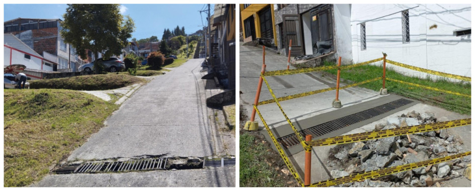 A la izquierda, así estaba la reja del alcantarillado. A la derecha se aprecia el sitio luego de que Aguas de Manizales hizo la reposición. A la izquierda, así estaba la reja del alcantarillado. A la derecha se aprecia el sitio luego de que Aguas de Manizales hizo la reposición.