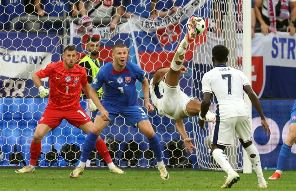Jude Bellingham de Inglaterra (2d) anota de chilena el 1-1 durante el partido de fútbol de octavos de final de la Eurocopa 2024 entre Inglaterra y Eslovaquia, en Gelsenkirchen (Alemania). Jude Bellingham de Inglaterra (2d) anota de chilena el 1-1 durante el partido de fútbol de octavos de final de la Eurocopa 2024 entre Inglaterra y Eslovaquia, en Gelsenkirchen (Alemania).