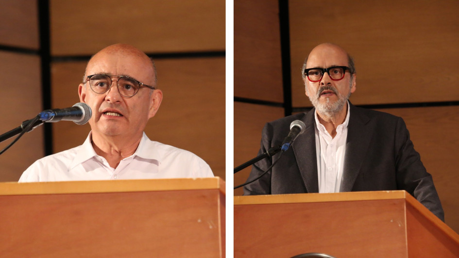 José Ismael Peña (izquierda), designado inicialmente como rector, y Leopoldo Múnera, nuevo rector de la Universidad Nacional de Colombia. José Ismael Peña (izquierda), designado inicialmente como rector, y Leopoldo Múnera, nuevo rector de la Universidad Nacional de Colombia.