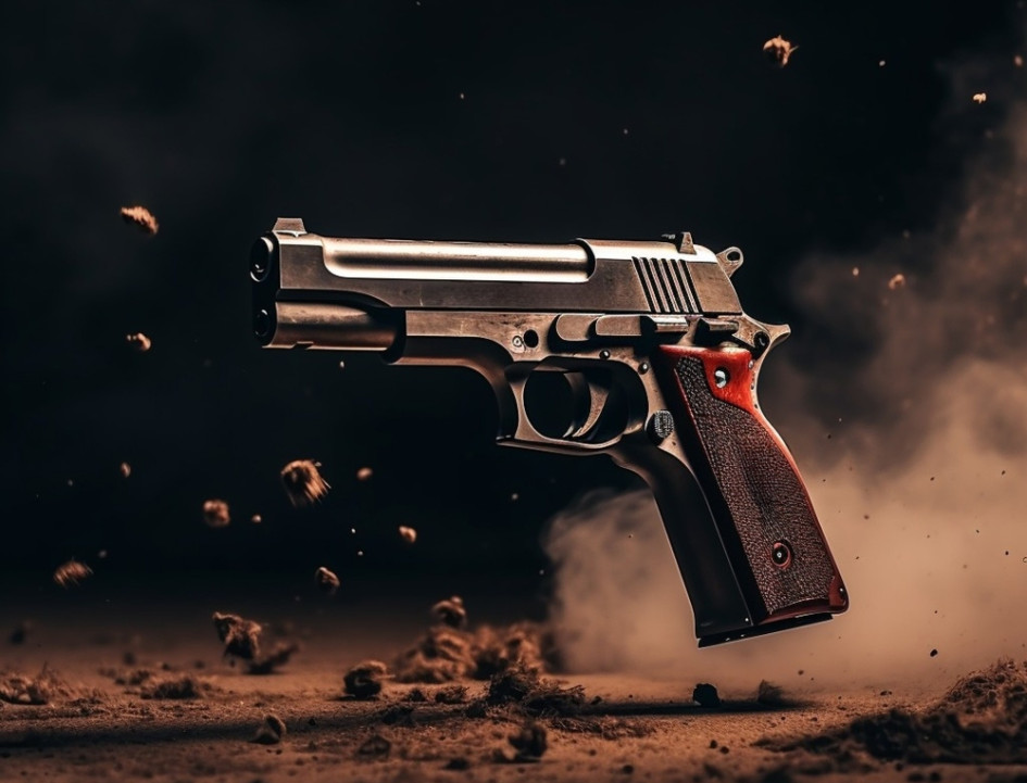 Ilustración de primer plano del arma de fuego rodeada de pólvora después de disparar. Primer plano del arma rodeada de pólvora después de disparar