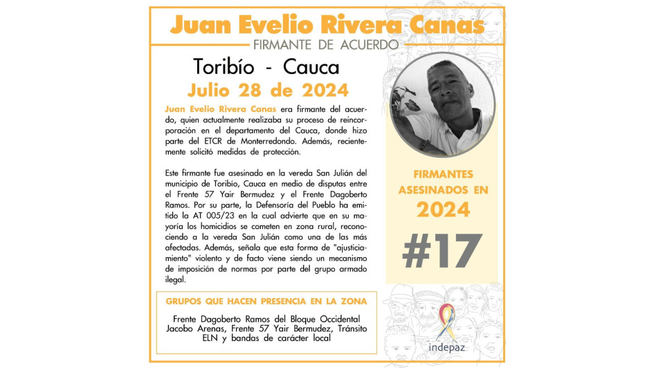 El excombatiente Juan Evelio Rivera fue asesinado en la vereda San Julián de Toribío (Cauca). El excombatiente Juan Evelio Rivera fue asesinado en la vereda San Julián de Toribío (Cauca).