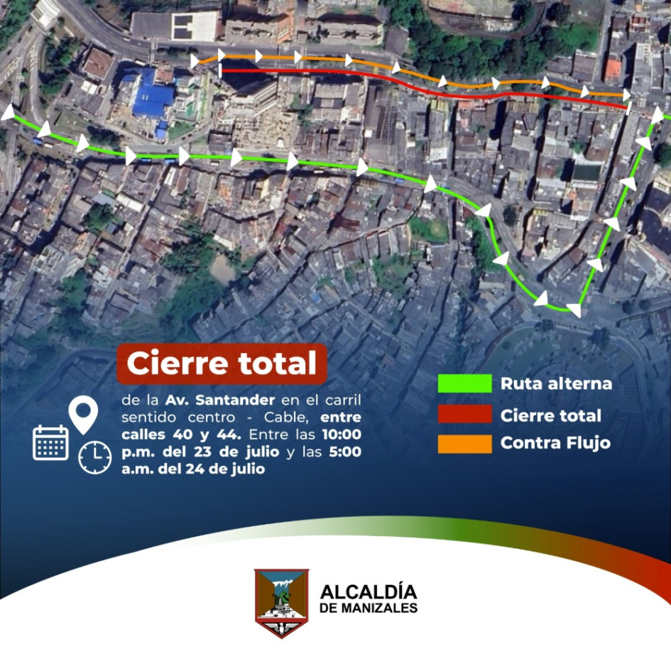 En la imagen puede observar las vías alternas que puede tomar mientras se cumple el cierre en la Avenida Santander. En la imagen puede observar las vías alternas que puede tomar mientras se cumple el cierre en la Avenida Santander.
