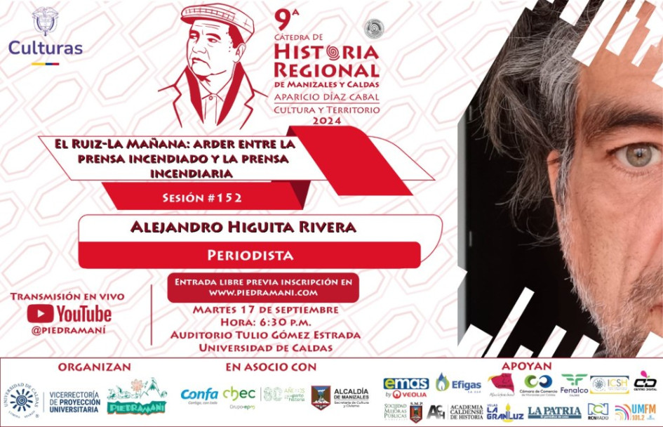 A partir de las 6:30 p.m. en el auditorio Tulio Gómez Estrada de la Universidad de Caldas. A partir de las 6:30 p.m. en el auditorio Tulio Gómez Estrada de la Universidad de Caldas.