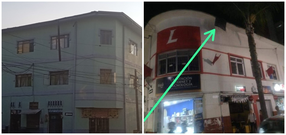 A la izquierda, el edificio que tiene la canal suelta en el barrio Sáenz. A la derecha, la lámina de aluminio suelta del edificio en el Centro. A la izquierda, el edificio que tiene la canal suelta en el barrio Sáenz. A la derecha, la lámina de aluminio suelta del edificio en el Centro.