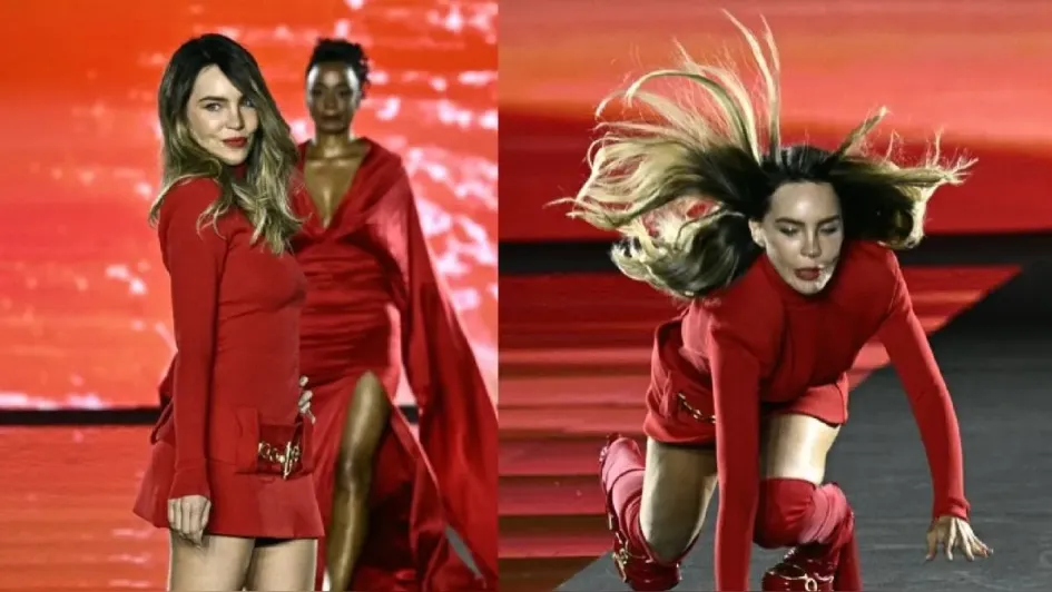 Momento de la caída de Belinda en la pasarela Momento de la caída de Belinda en la pasarela