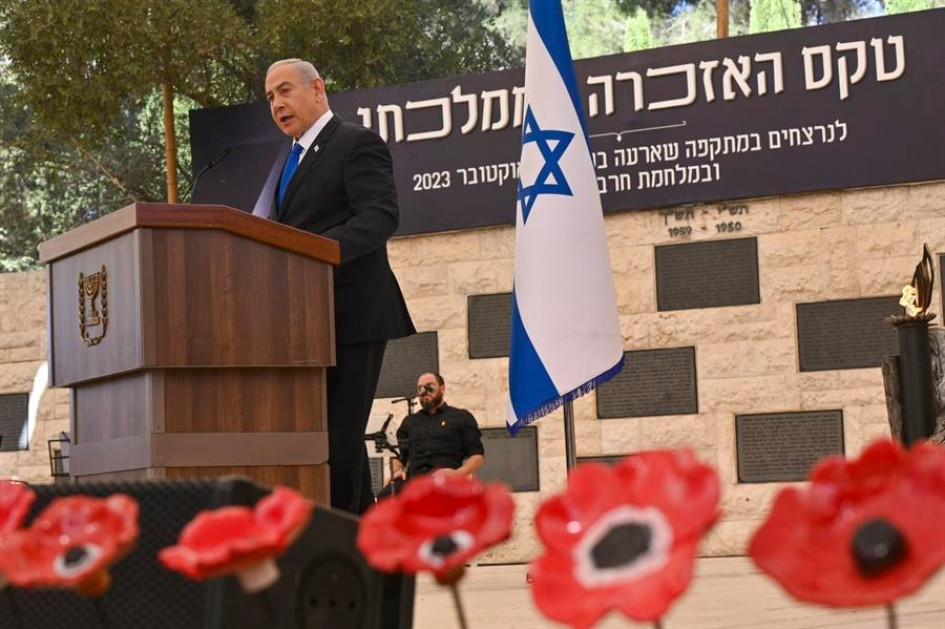El primer ministro israelí, Benjamín Netanyahu, asiste a la ceremonia civil que marca el primer aniversario del ataque de Hamas según el calendario hebreo este domingo. El primer ministro israelí, Benjamín Netanyahu, asiste a la ceremonia civil que marca el primer aniversario del ataque de Hamas según el calendario hebreo este domingo.