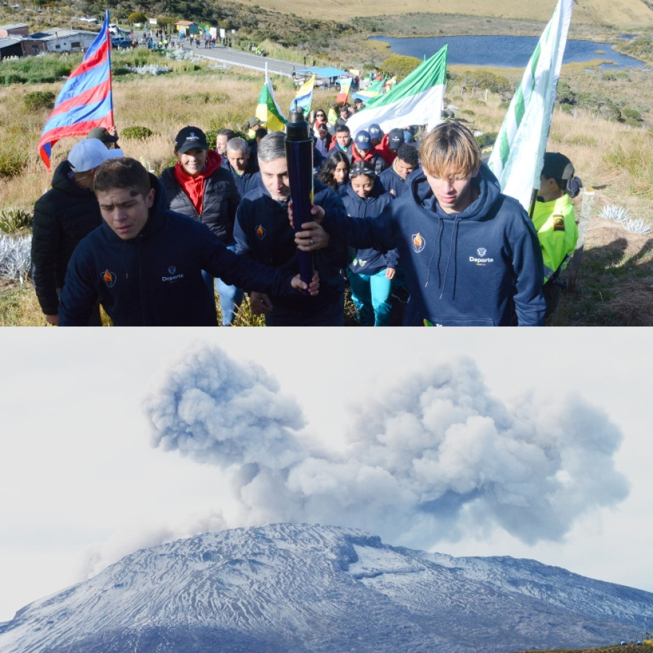 Los participantes que encendieron la antorcha de los I Juegos Nacionales de la Juventud y la emisión de ceniza el volcán Nevado del Ruiz. Los participantes que encendieron la antorcha de los I Juegos Nacionales de la Juventud y la emisión de ceniza el volcán Nevado del Ruiz.
